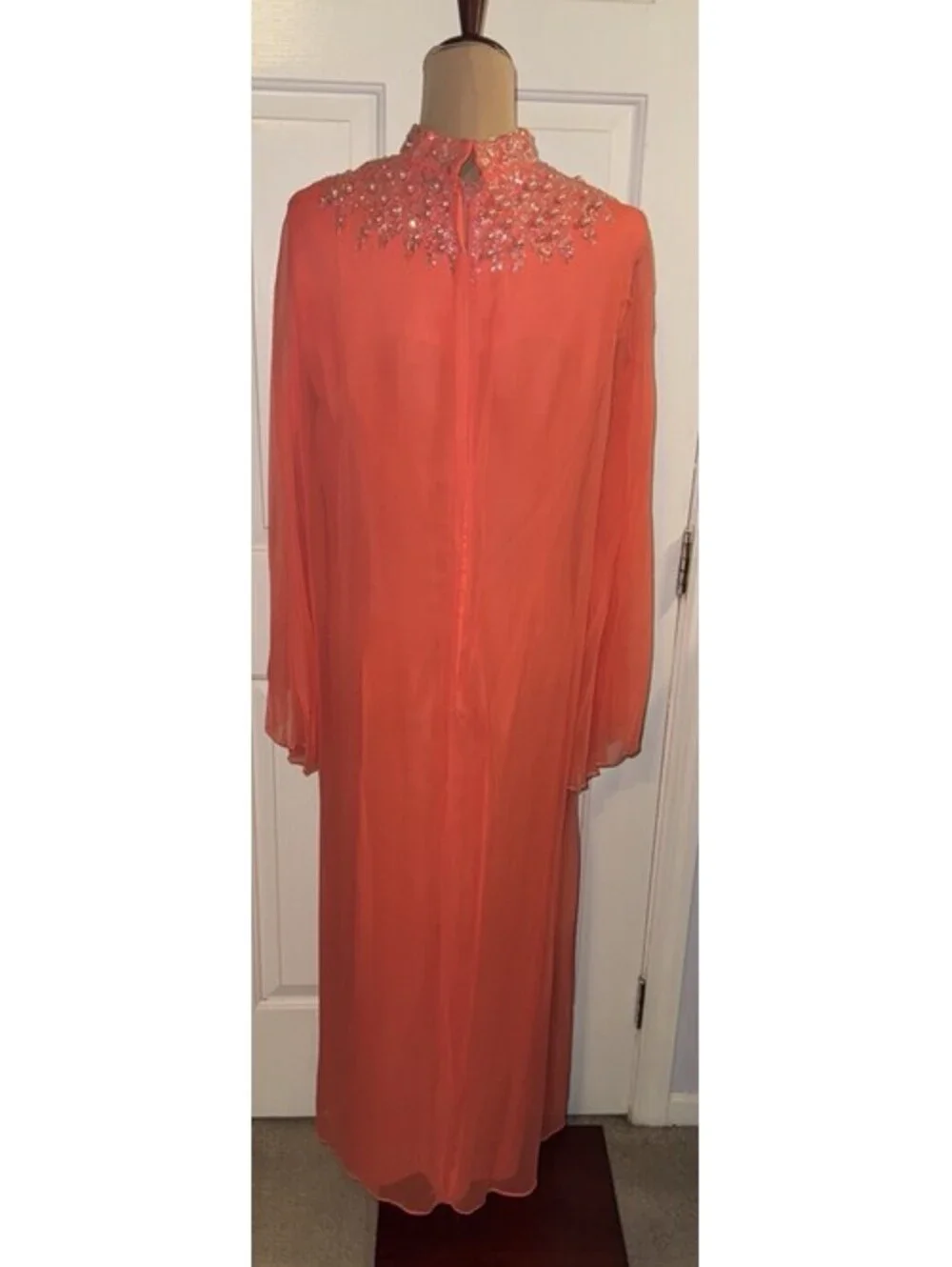 Vintage 1970's Dress Unbranded Coral Embellished High Neck  Chiffon Bell Sleeves